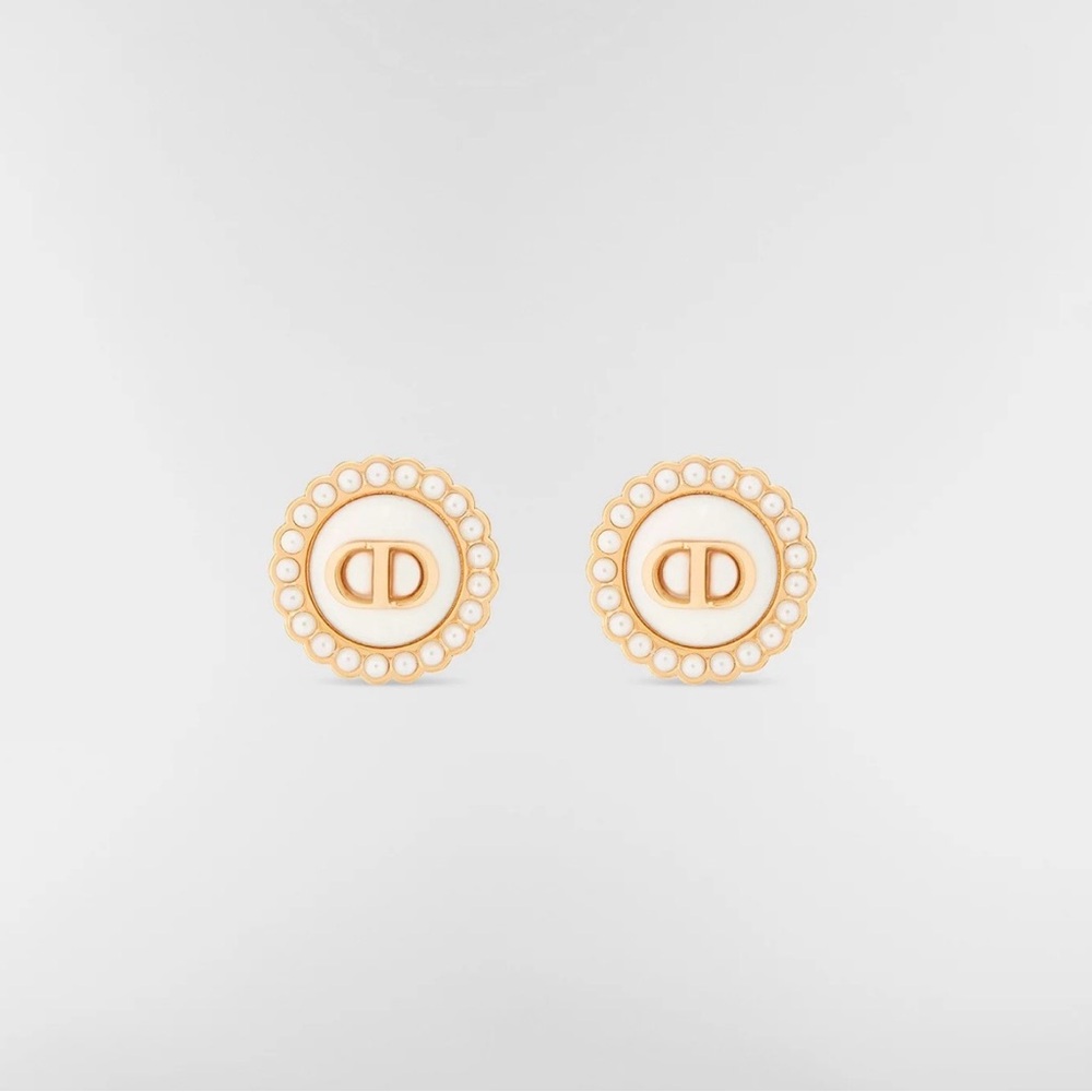 Dior Gold-Tone Round CD Logo Earrings with White Enamel